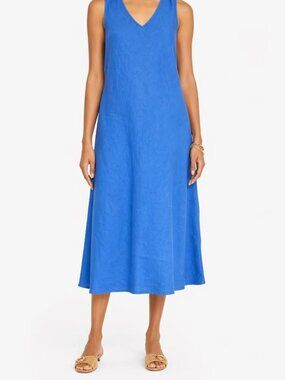 Linen Sleeveless Romantic Summer Lightweight Minimlist Blue Midi Dress [size L]